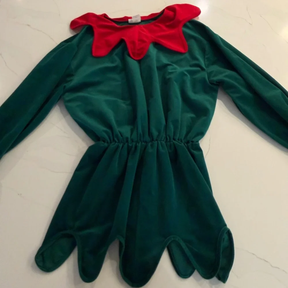Adult Jester Elf Costume Tunic Green Red Velvet Scalloped Large Made in USA